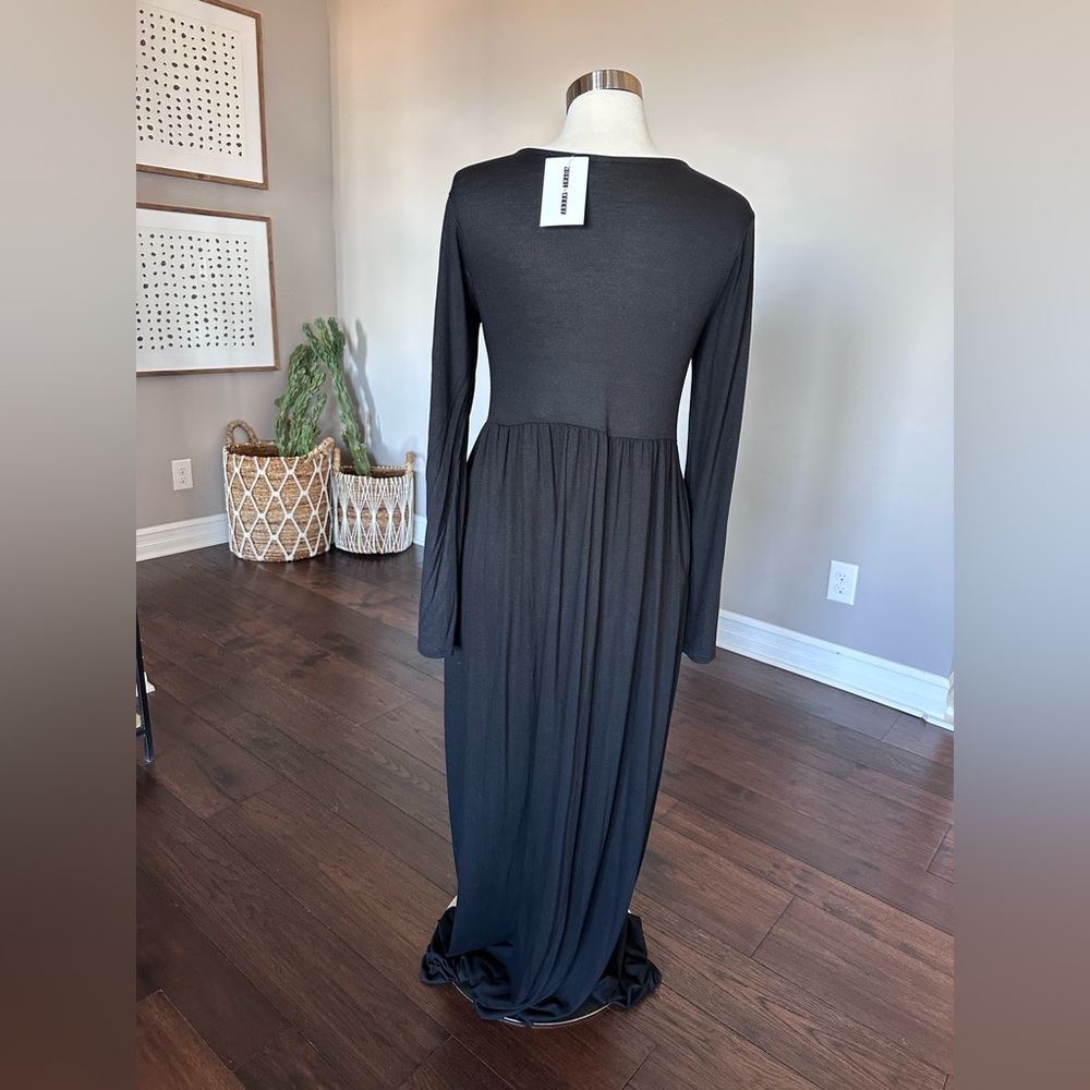 Boutique x Royal & Reese Maxi Dress Long Sleeve Scoop Neck Buttery Soft Black LG - Picture 3 of 9
